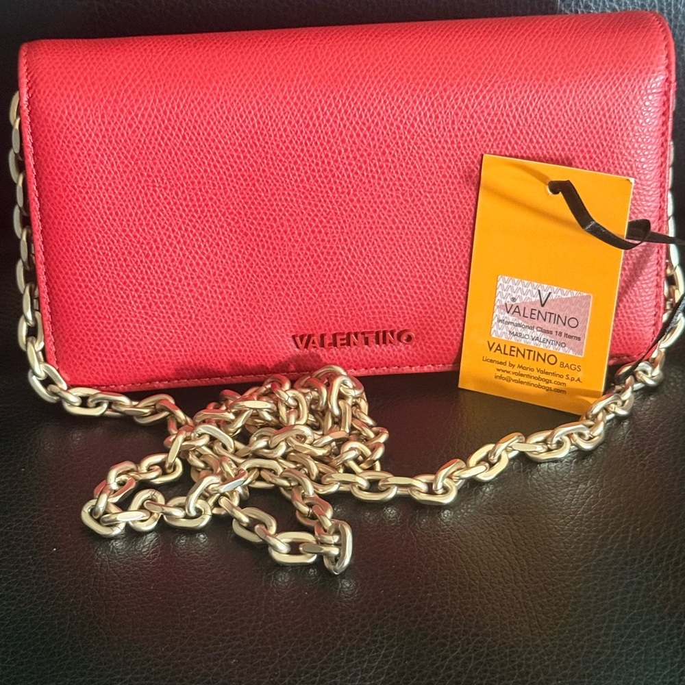 Valentino Red Clutch with Gold Chain Accents